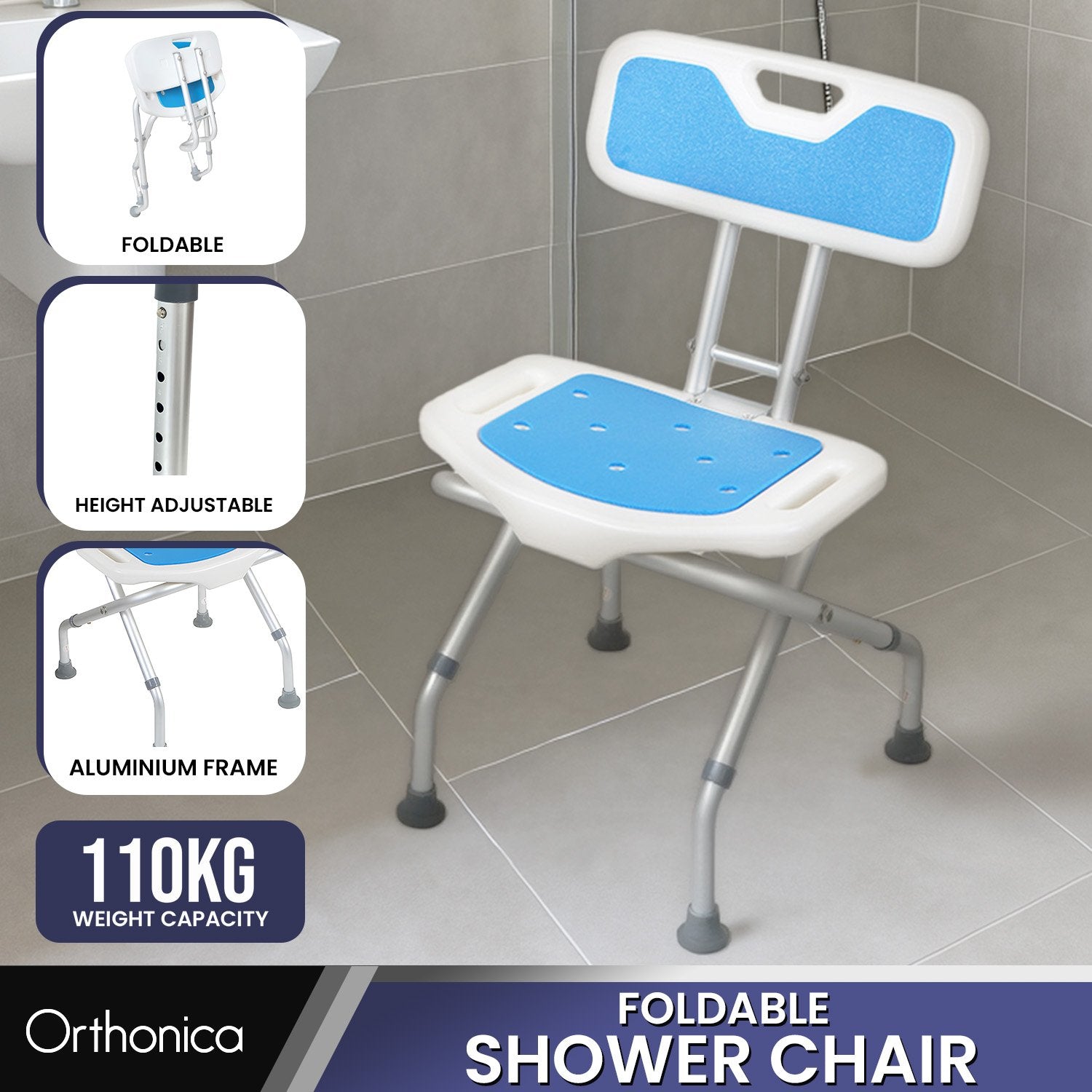 Orthonica Compact & Foldable Commode Shower Chair w/Height Adjustable Aluminium Frame Non Slip Feet HDPE Seat & Backrest - Image 2