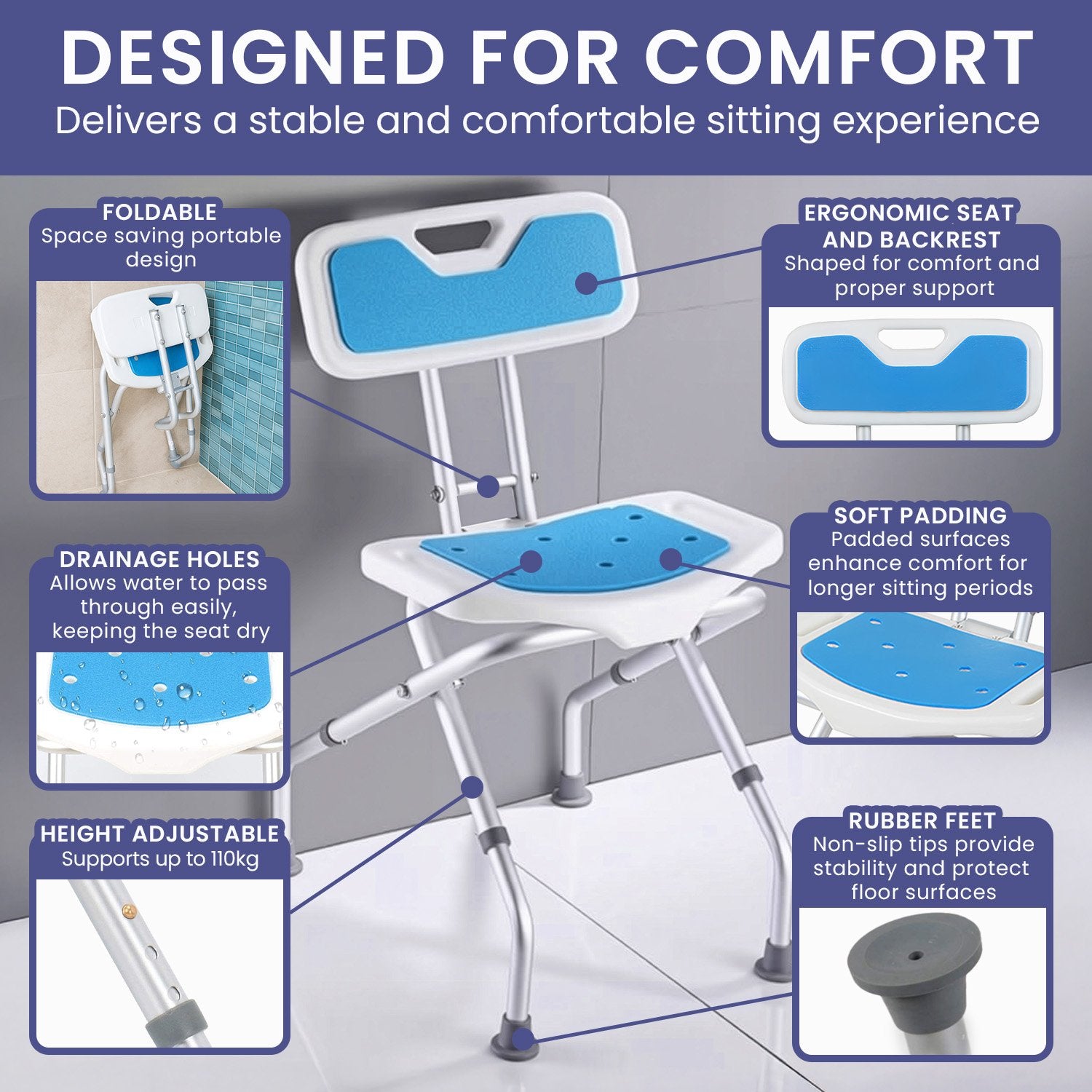Orthonica Compact & Foldable Commode Shower Chair w/Height Adjustable Aluminium Frame Non Slip Feet HDPE Seat & Backrest - Image 9