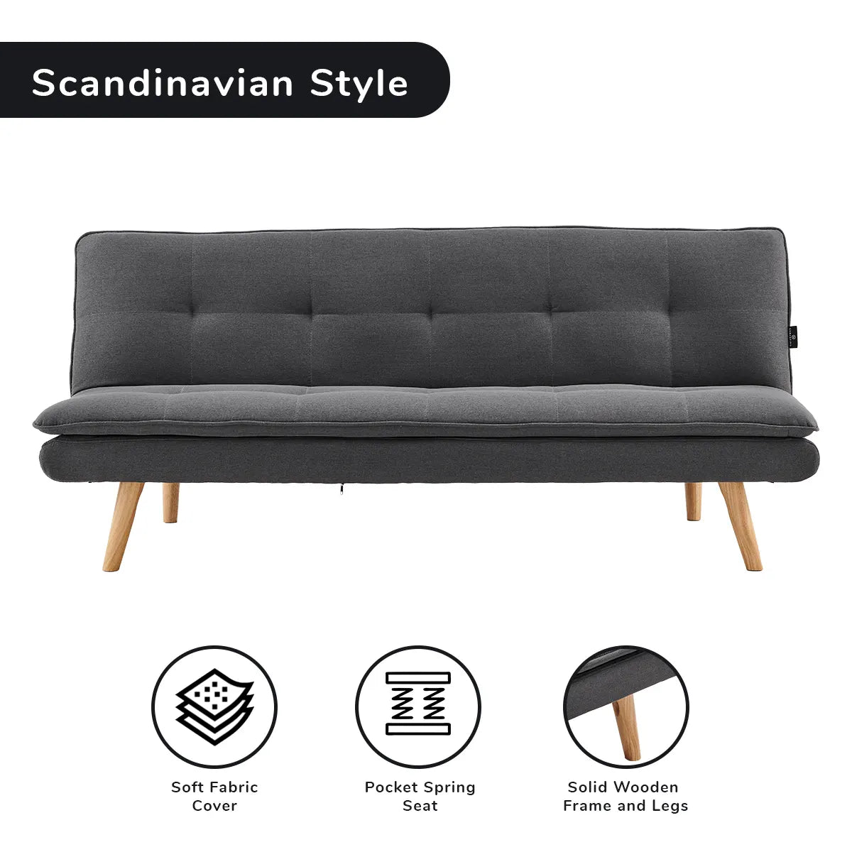 Sarantino 3 Seater Linen Sofa Bed Couch Lounge Futon - Dark Grey - Image 2