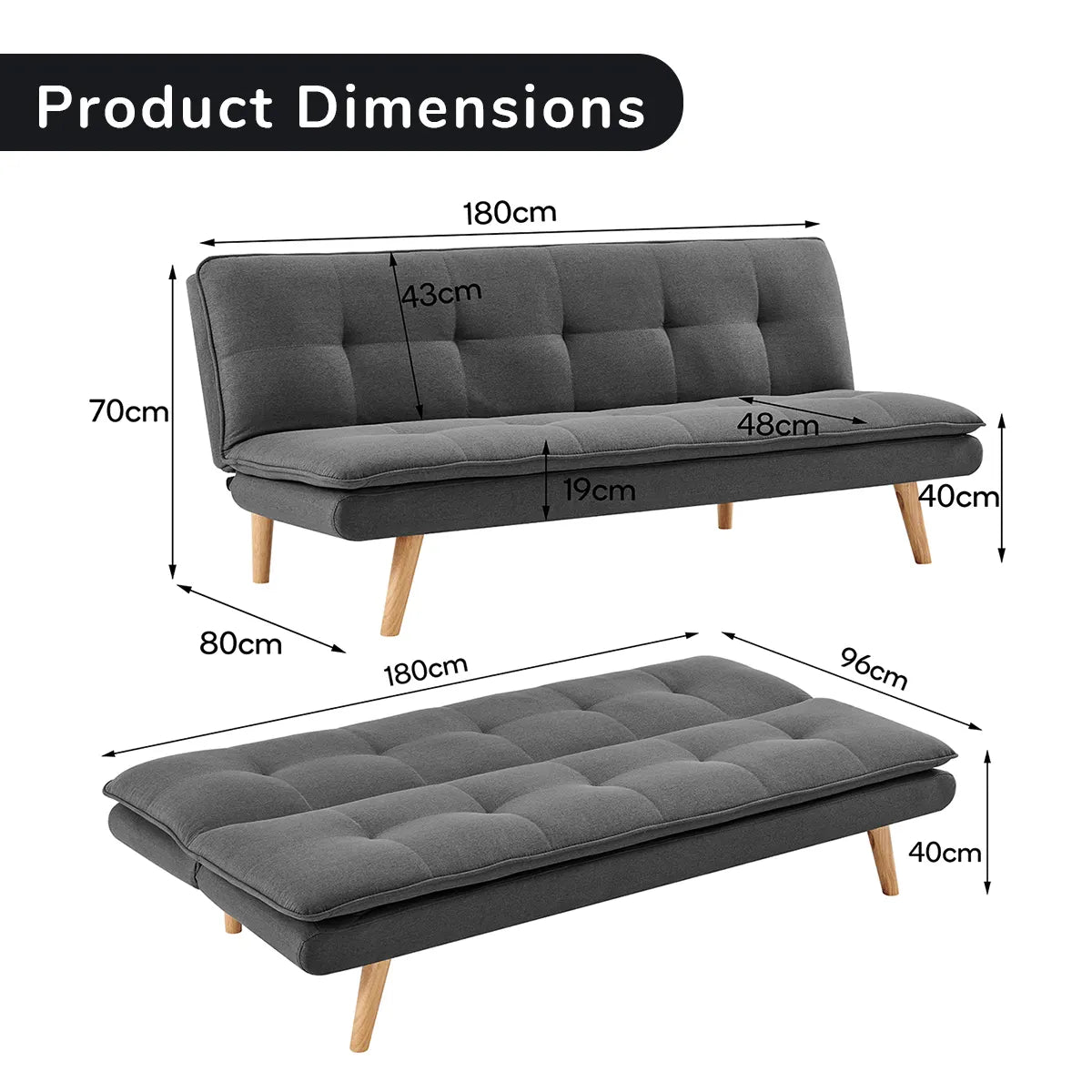 Sarantino 3 Seater Linen Sofa Bed Couch Lounge Futon - Dark Grey - Image 9