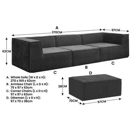 Sarantino Novi 3-Seater Modular Sofa with Ottoman in Black Non-Slip Bottom Lounge - Image 3