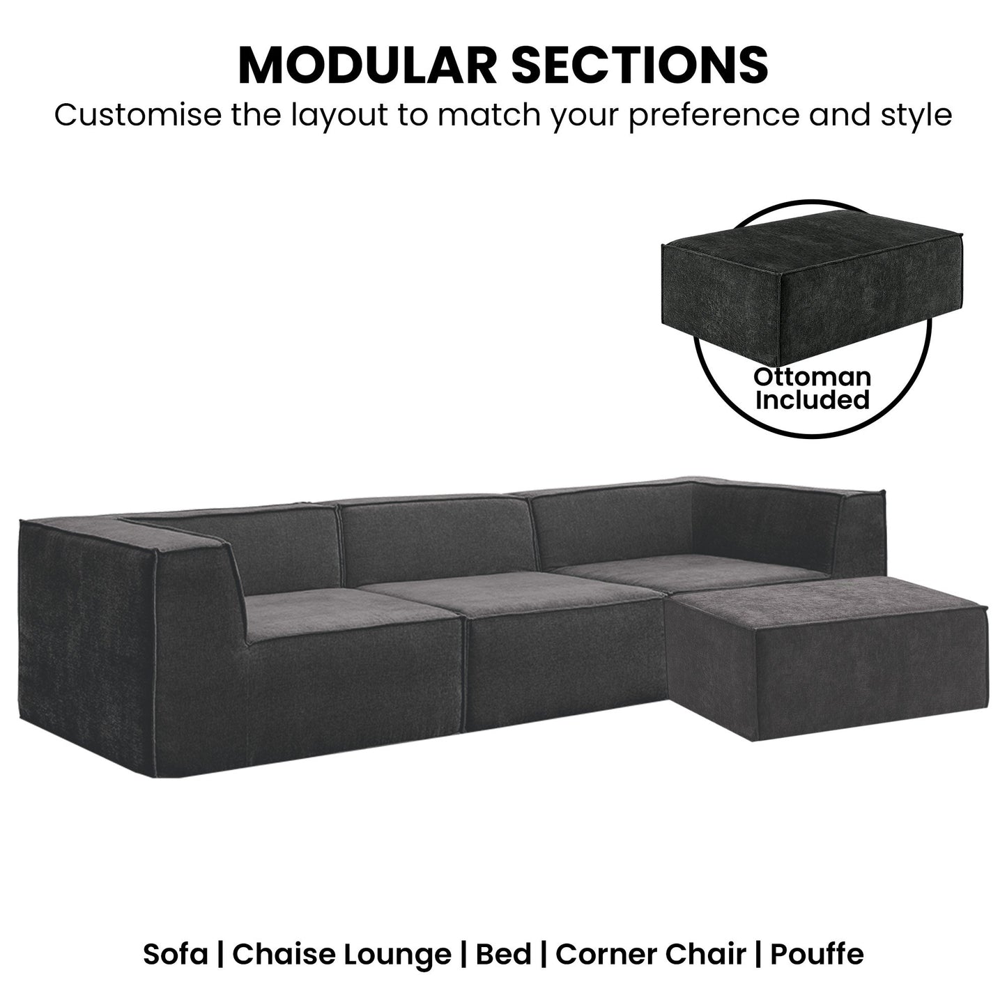 Sarantino Novi 3-Seater Modular Sofa with Ottoman in Black Non-Slip Bottom Lounge - Image 6