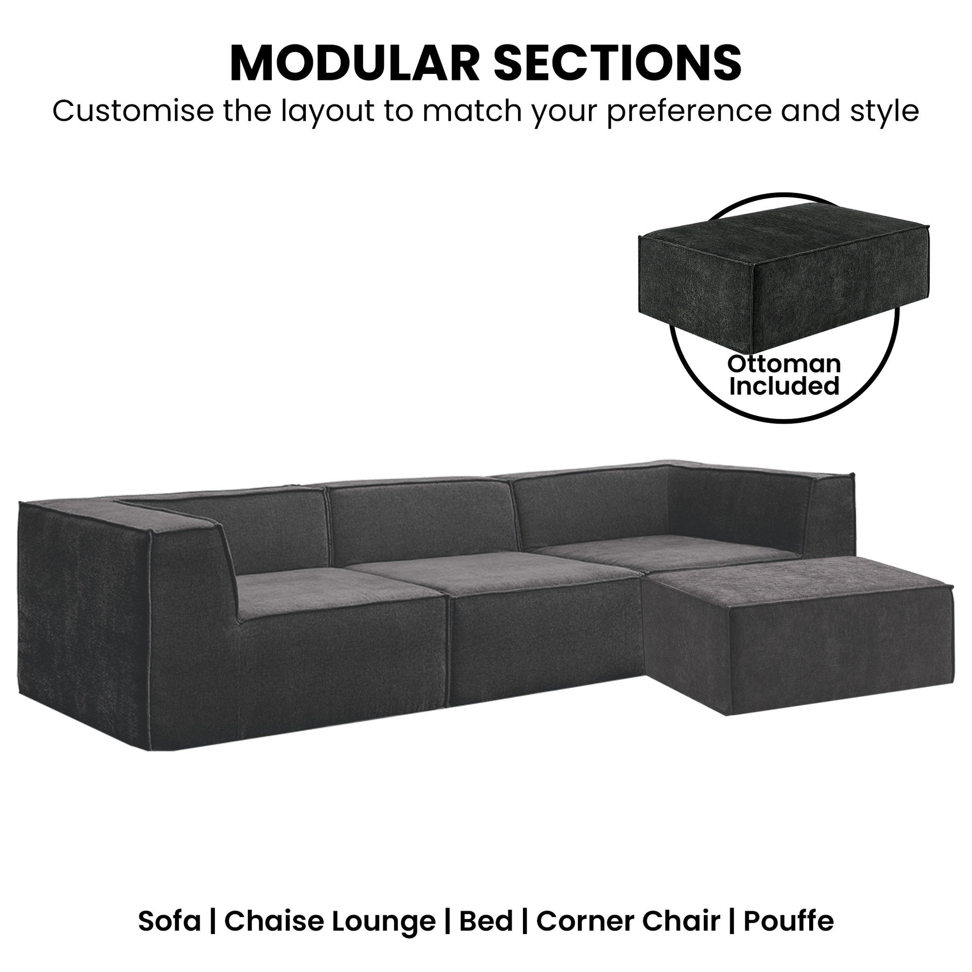 Sarantino Novi 3-Seater Modular Sofa with Ottoman in Black Non-Slip Bottom Lounge - Image 6