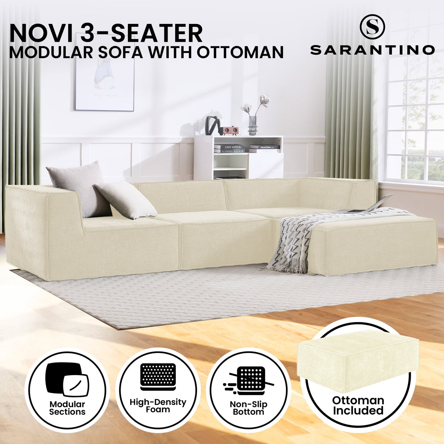 Sarantino Novi 3-Seater Modular Sofa with Ottoman in Cream Non-Slip Bottom Lounge - Image 2