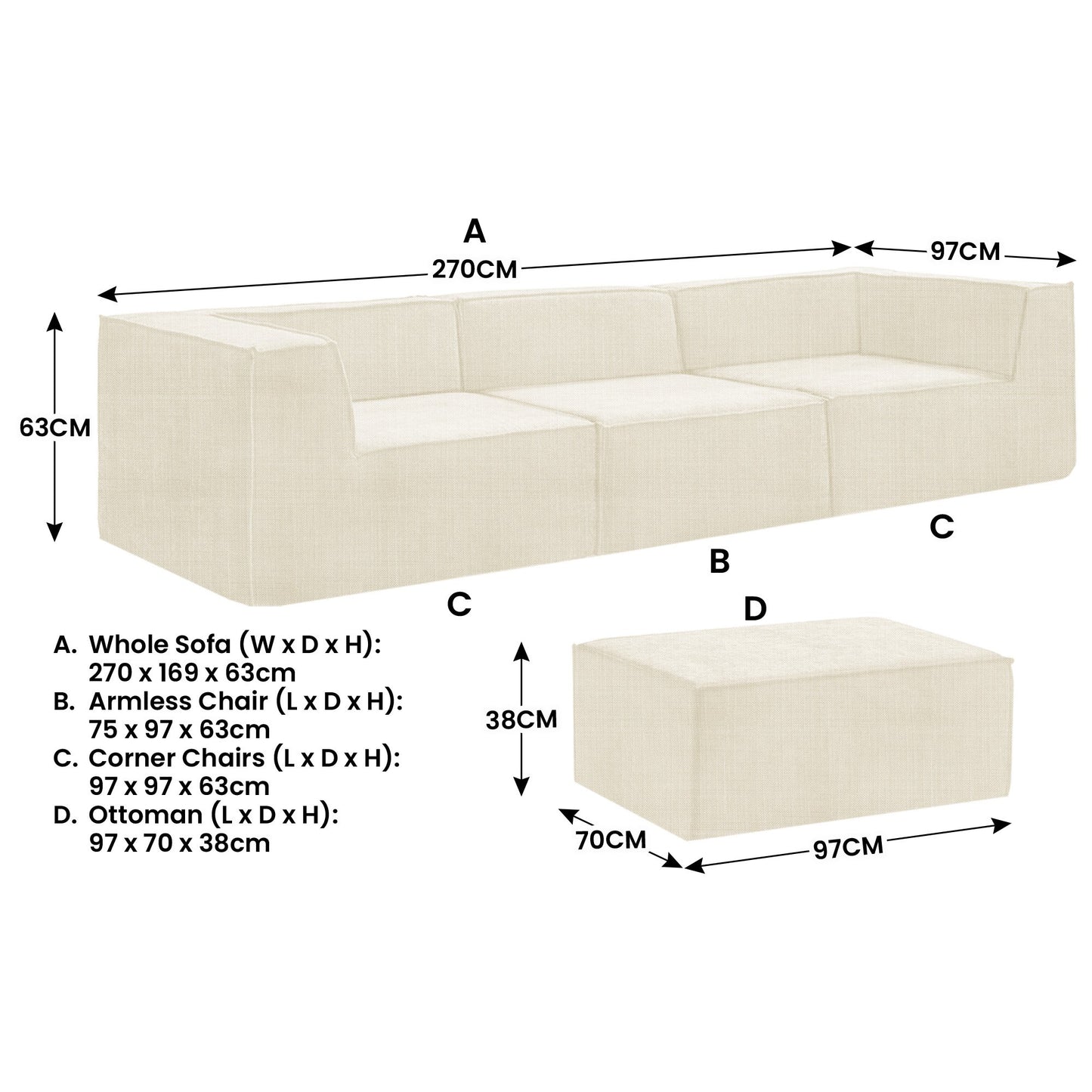 Sarantino Novi 3-Seater Modular Sofa with Ottoman in Cream Non-Slip Bottom Lounge - Image 4