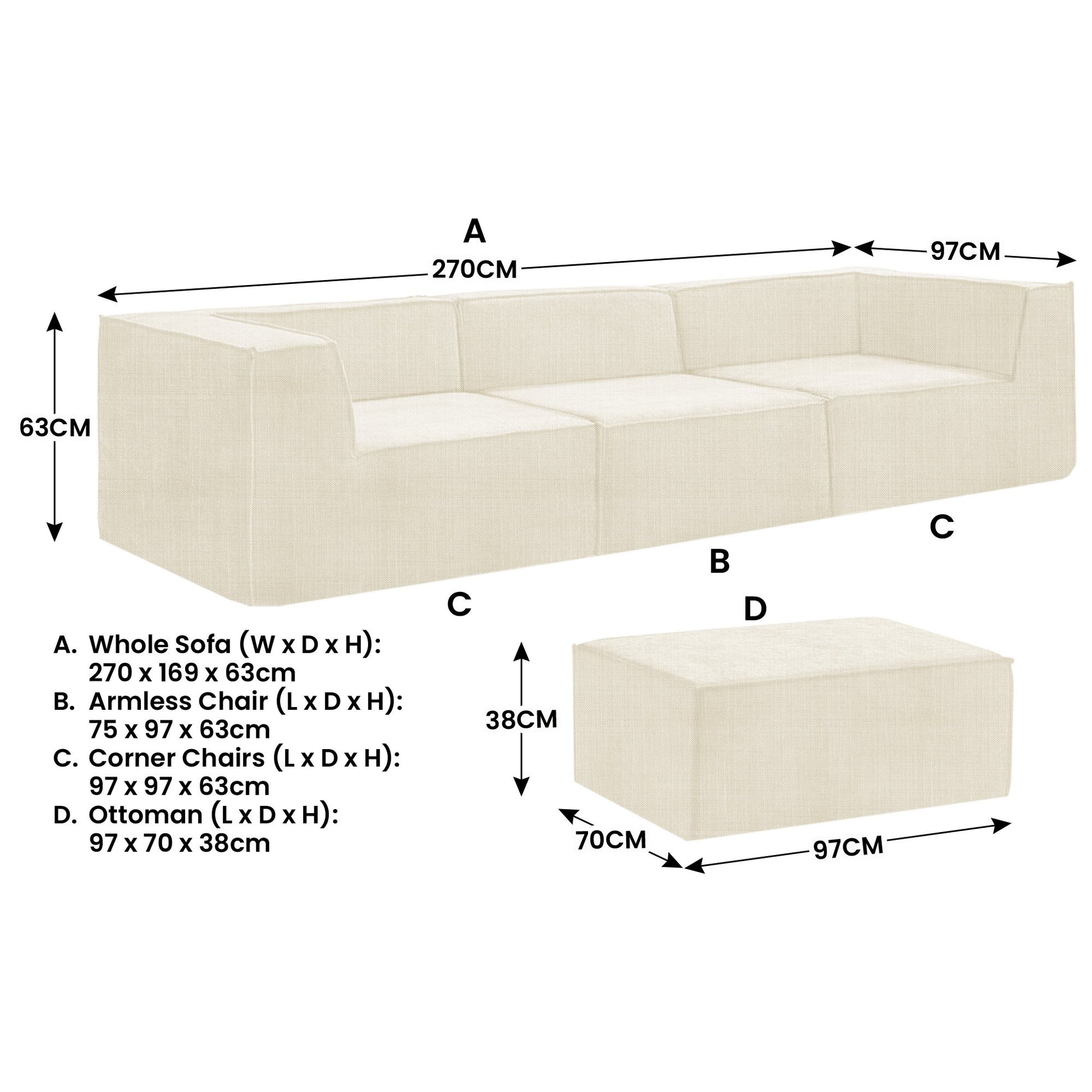 Sarantino Novi 3-Seater Modular Sofa with Ottoman in Cream Non-Slip Bottom Lounge - Image 4