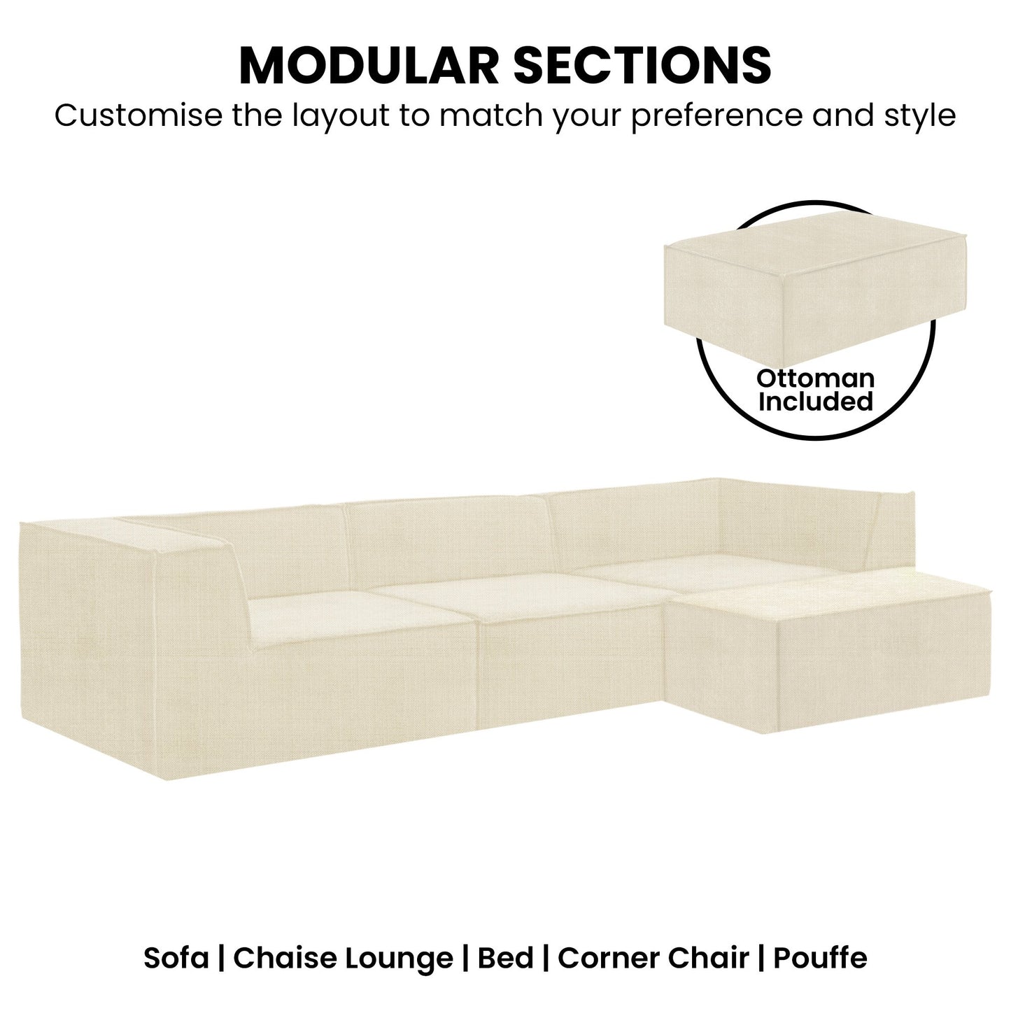 Sarantino Novi 3-Seater Modular Sofa with Ottoman in Cream Non-Slip Bottom Lounge - Image 7
