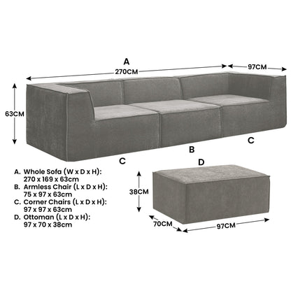 Sarantino Novi 3-Seater Modular Sofa with Ottoman in Grey Non-Slip Bottom Lounge - Image 3