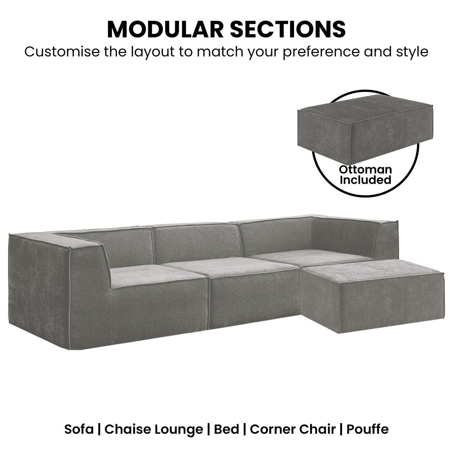 Sarantino Novi 3-Seater Modular Sofa with Ottoman in Grey Non-Slip Bottom Lounge - Image 6