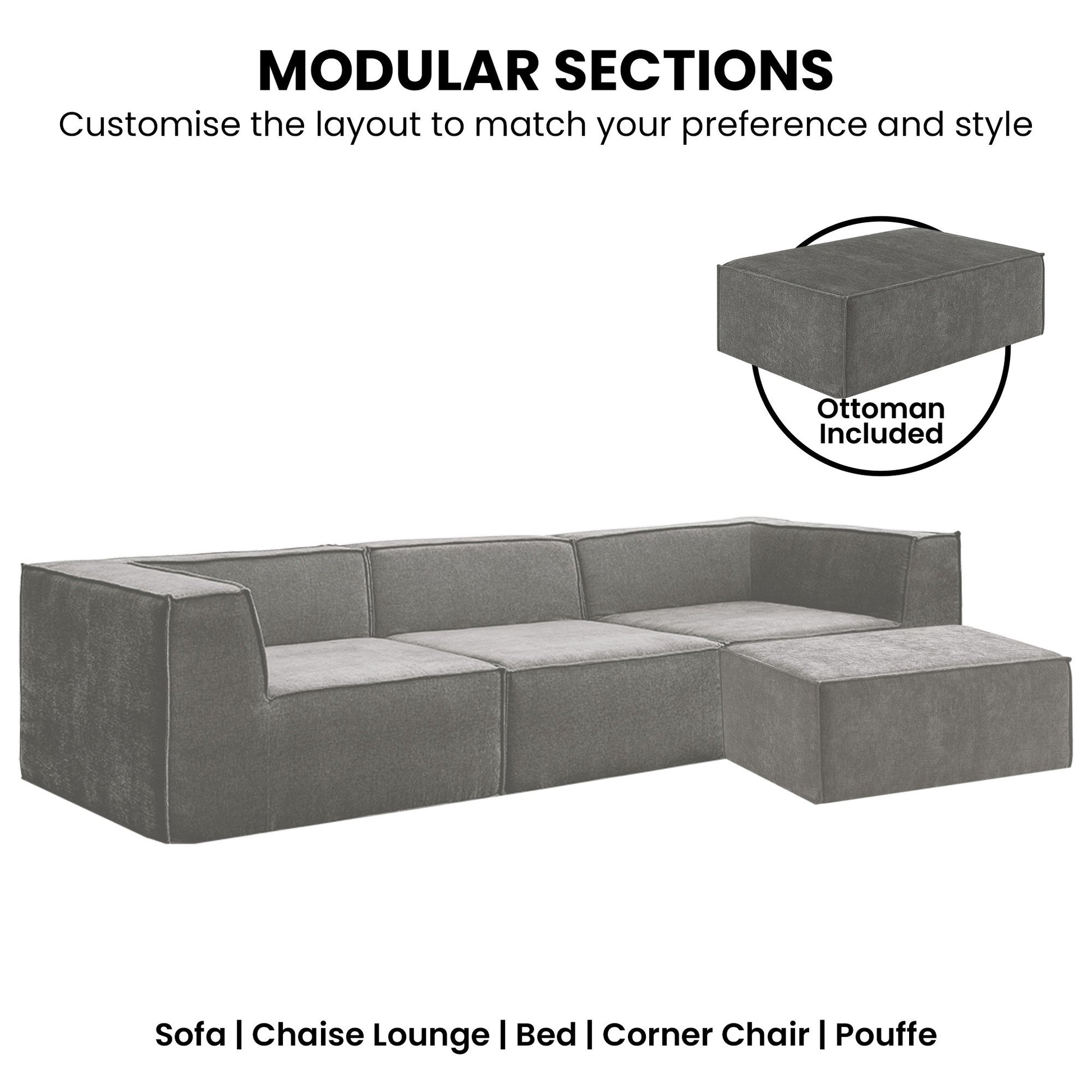 Sarantino Novi 3-Seater Modular Sofa with Ottoman in Grey Non-Slip Bottom Lounge - Image 6