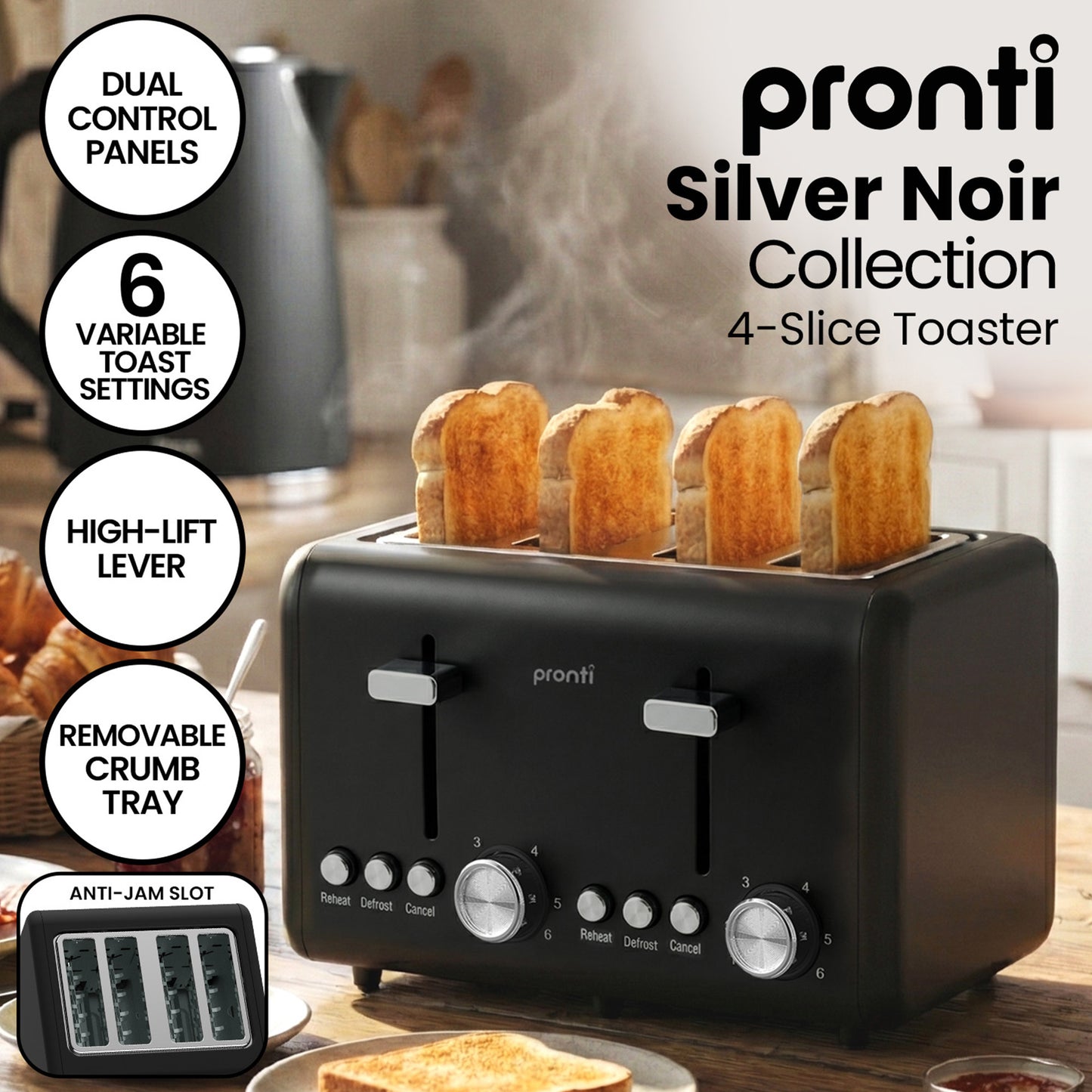 Pronti Breakfast Set with HomeMaid Coffee Machine, Silver Noir Toaster & Kettle - Image 5