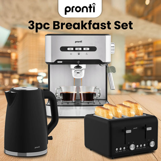 Pronti Breakfast Set with 1.6L Coffee Machine, Silver Noir Toaster & Kettle - Image 2