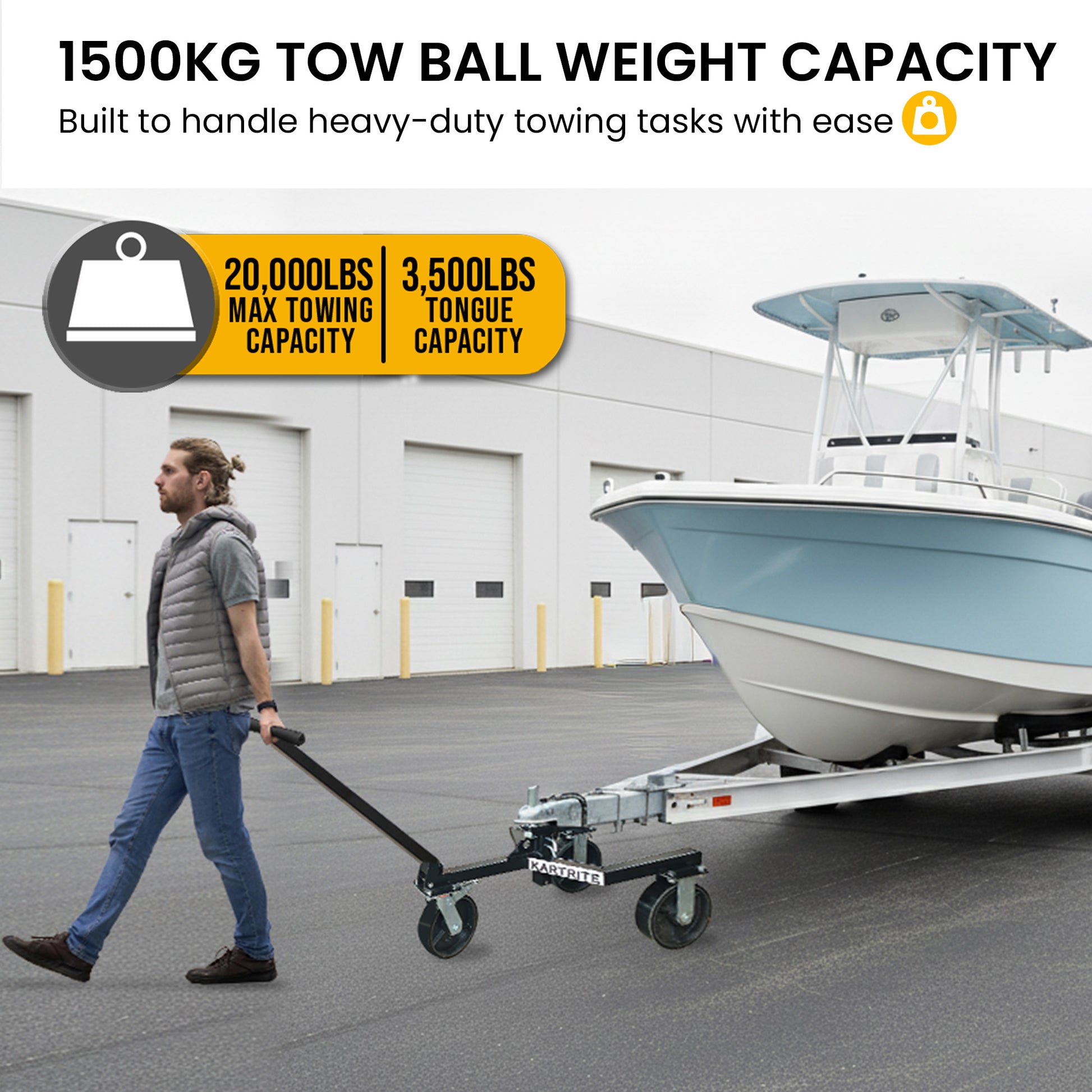 Kartrite Trailer Dolly Adjustable 2in Hitch Ball 1500kg Tongue Weight Capacity w/8in Swivel Wheels Steel Trailer Mover - Image 4