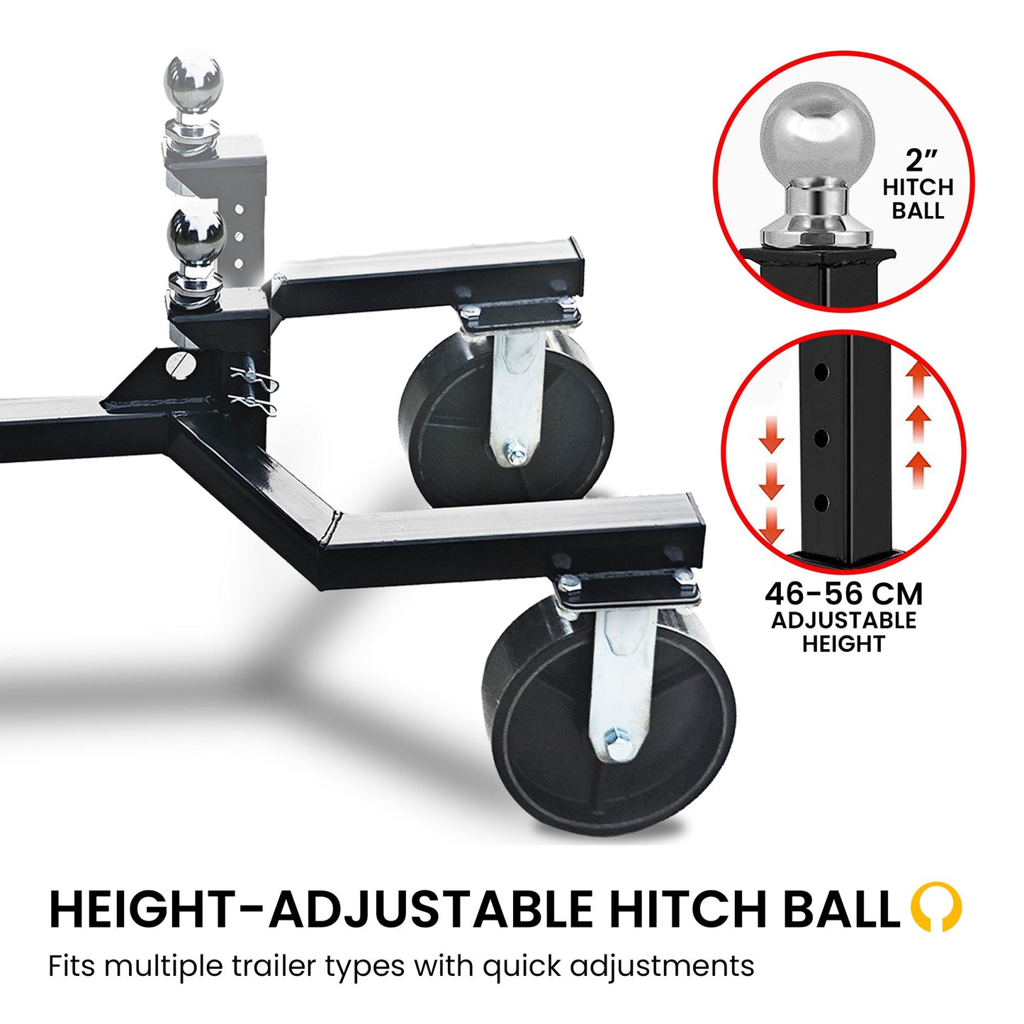 Kartrite Trailer Dolly Adjustable 2in Hitch Ball 1500kg Tongue Weight Capacity w/8in Swivel Wheels Steel Trailer Mover - Image 6