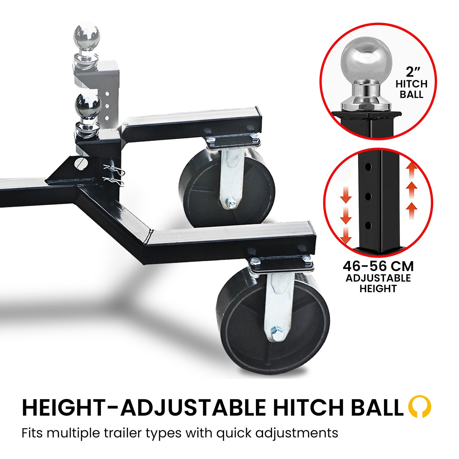 Kartrite Trailer Dolly Adjustable 2in Hitch Ball 1500kg Tongue Weight Capacity w/8in Swivel Wheels Steel Trailer Mover - Image 6