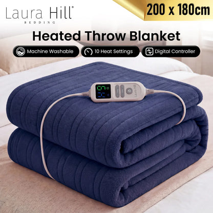 Laura Hill XL Electric Heated Blanket Throw Soft Coral Fleece with 10 Heat Settings - Blue - Image 2