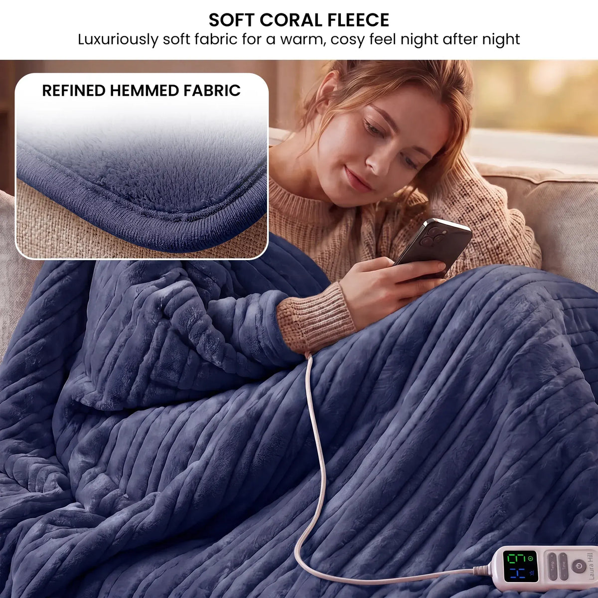 Laura Hill XL Electric Heated Blanket Throw Soft Coral Fleece with 10 Heat Settings - Blue - Image 4