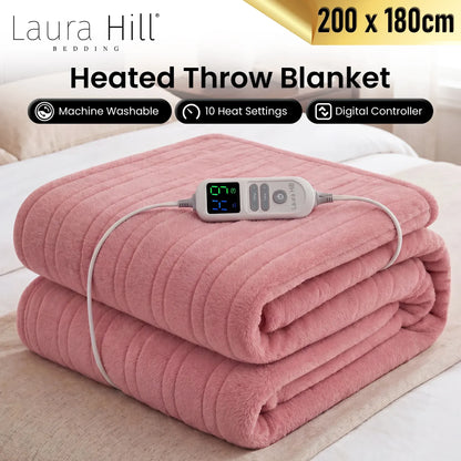 Laura Hill Xl Electric Heated Blanket Throw Soft Coral Fleece With 10 Heat Settings - Pink - Image 2