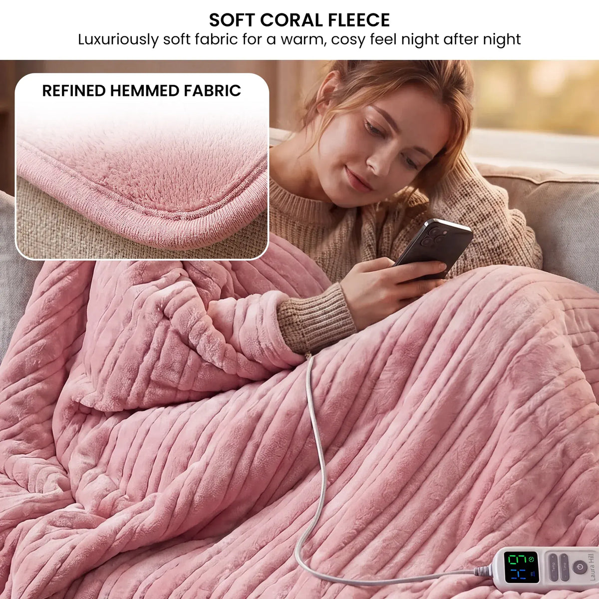 Laura Hill Xl Electric Heated Blanket Throw Soft Coral Fleece With 10 Heat Settings - Pink - Image 4