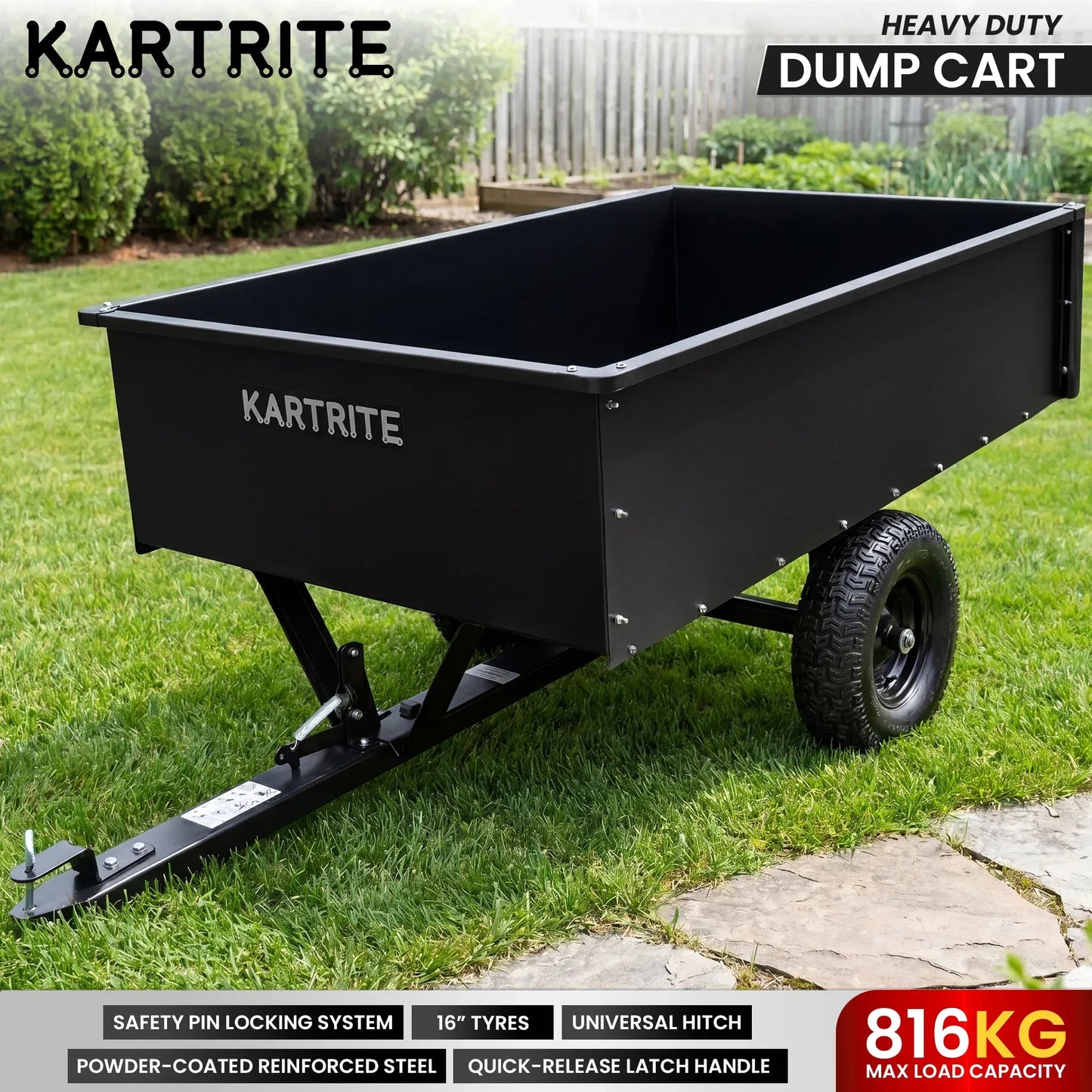 Kartrite 816kg Heavy-Duty Steel Dump Cart with Quick-Release Dumping Handle - Image 2