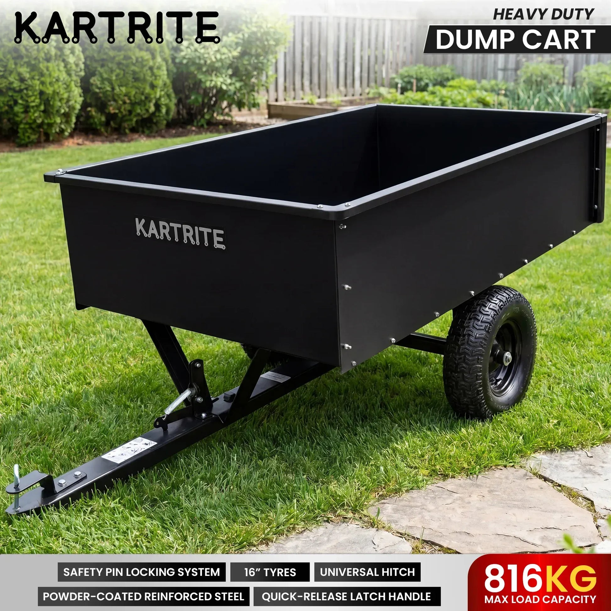 Kartrite 816kg Heavy-Duty Steel Dump Cart with Quick-Release Dumping Handle - Image 2