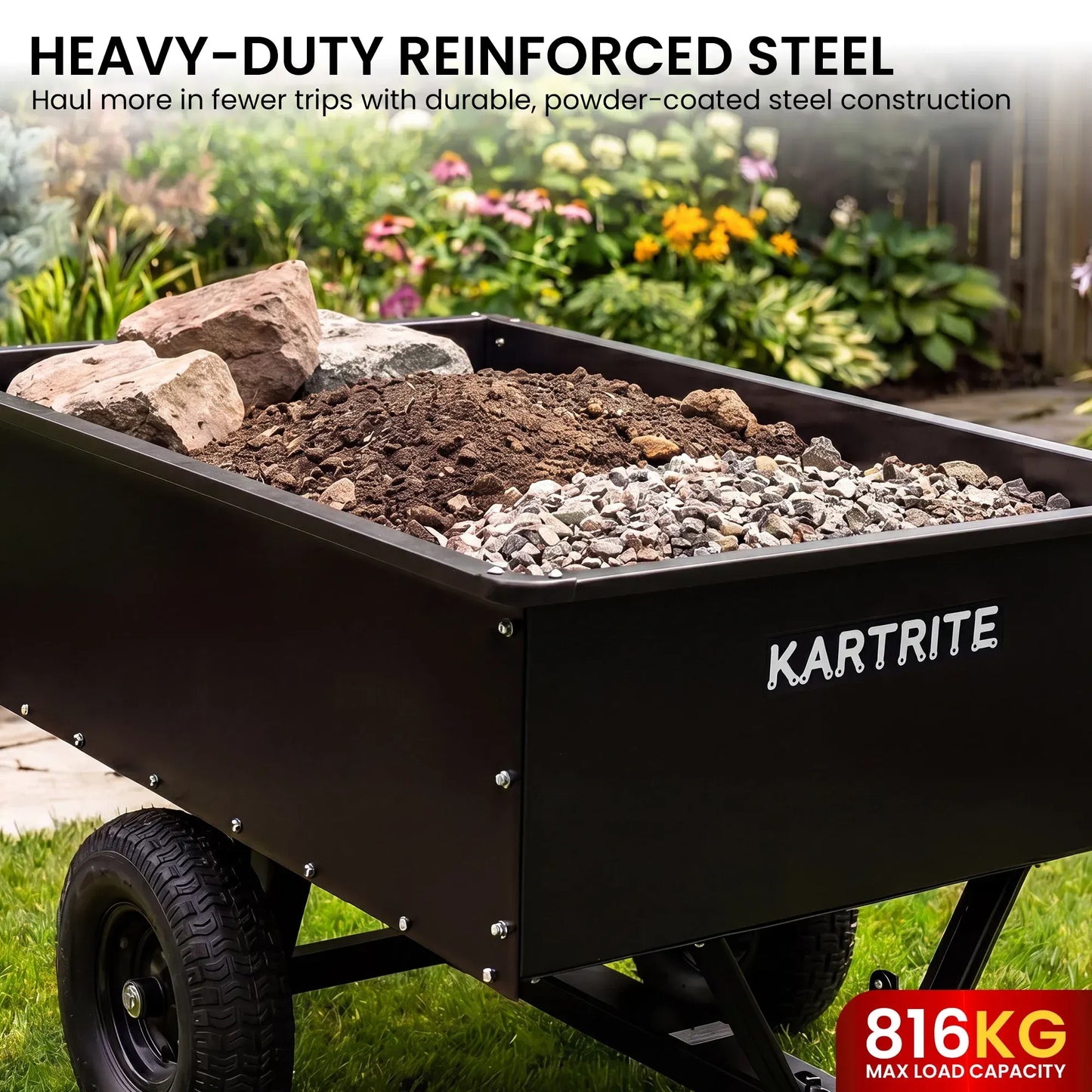 Kartrite 816kg Heavy-Duty Steel Dump Cart with Quick-Release Dumping Handle - Image 8