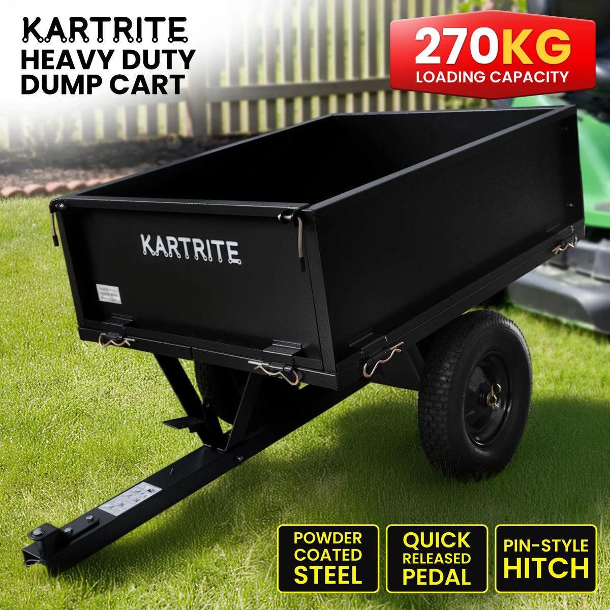 Kartrite Heavy Duty Dump Cart 270kg Capacity Pneumatic Tyres Quick Release Pedal Removable Tailgate Trailer for Garden - Image 2
