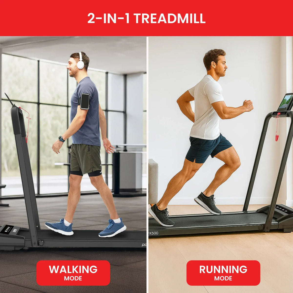 Powertrain K500 Walking Pad Treadmill 2 in 1 Foldable Walking & Running Machine w/2.5HP Motor Dual LED Displays 2 Level - Image 7