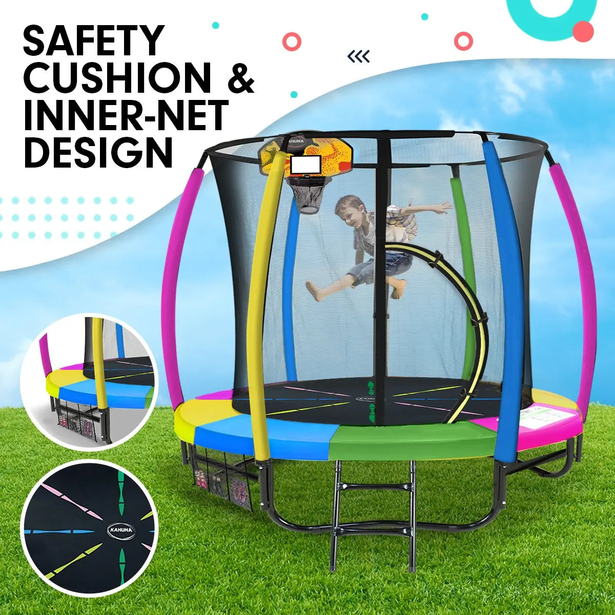 Kahuna 8ft Outdoor Trampoline Kids Children With Safety Enclosure Mat Pad Net Ladder Basketball Hoop Set - Rainbow - Image 5