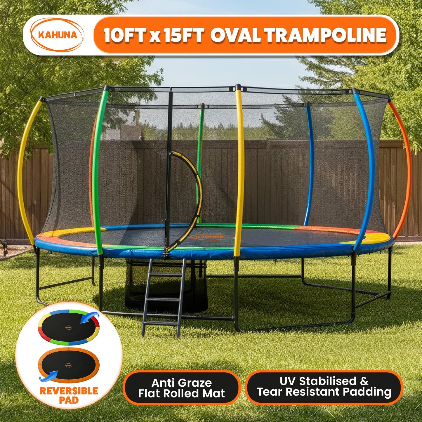 Kahuna 10 ft x 15 ft Oval Outdoor Trampoline with Reversible Rainbow & Orange Safety Pad Safety Net and Ladder - Image 7