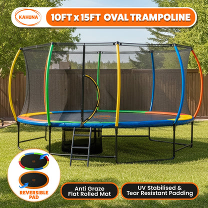 Kahuna 10 ft x 15 ft Oval Outdoor Trampoline with Reversible Rainbow & Orange Safety Pad Safety Net and Ladder - Image 7