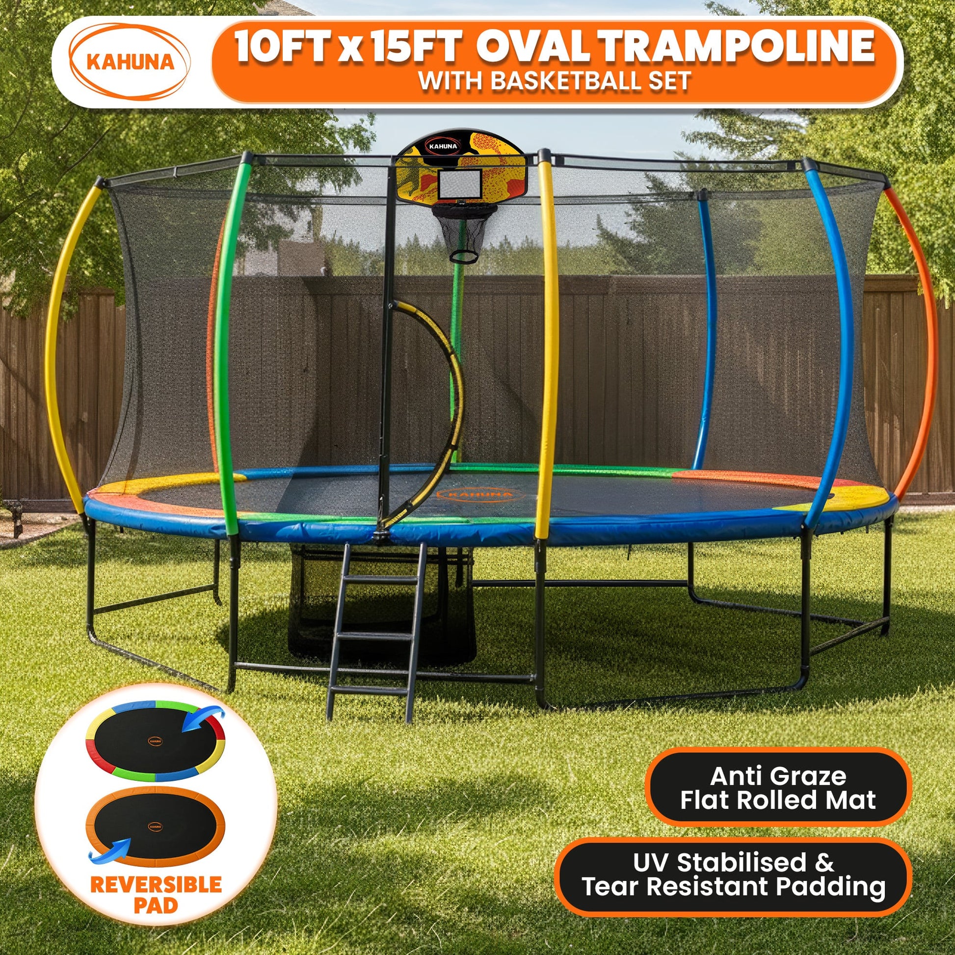 Kahuna 10 ft x 15 ft Oval Outdoor Trampoline w/ Basketball Set Reversible Rainbow & Orange Safety Pad Safety Net Ladder - Image 6