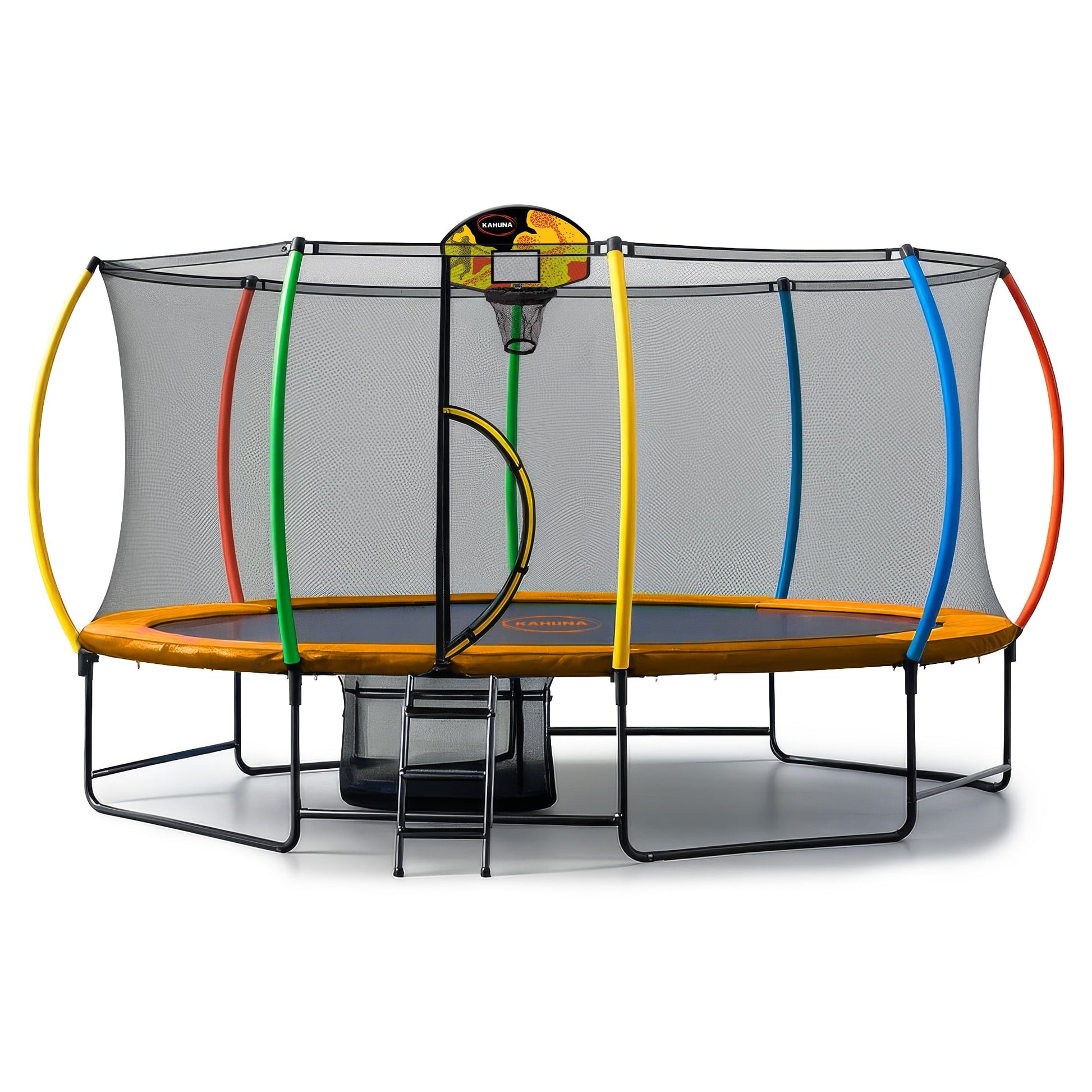 Kahuna 10 ft x 15 ft Oval Outdoor Trampoline L.E.D. Basketball Set Reversible Rainbow & Orange Safety Pad Safety Net Ladder - Image 3