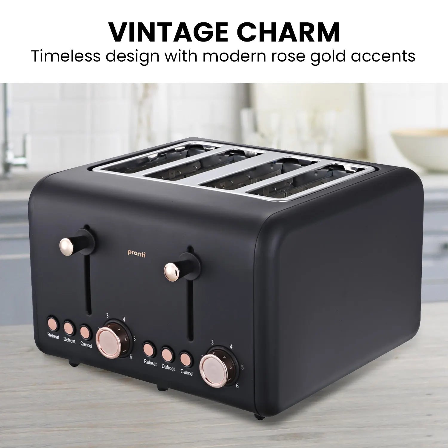Pronti 4 Slice Toaster Rose Trim Collection - Black - Image 2