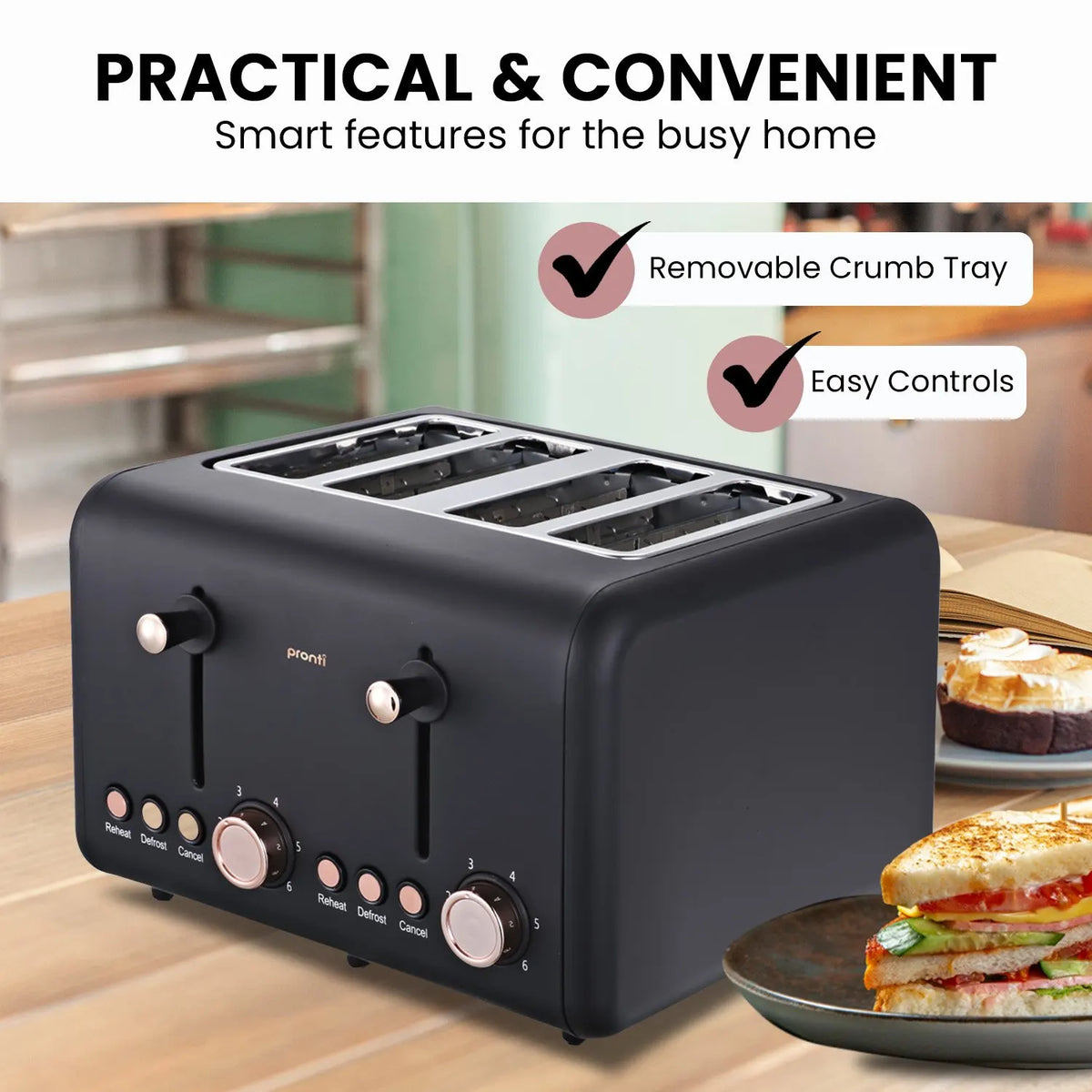 Pronti 4 Slice Toaster Rose Trim Collection - Black - Image 6