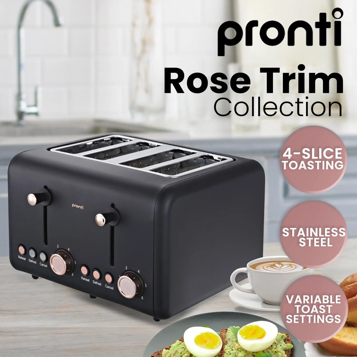 Pronti 4 Slice Toaster Rose Trim Collection - Black - Image 8