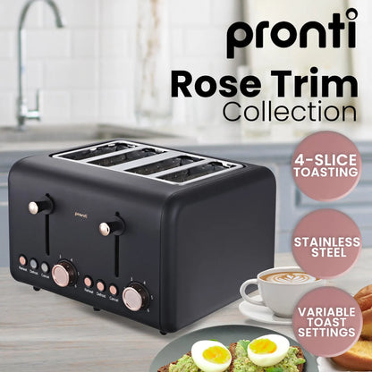 Pronti 4 Slice Toaster Rose Trim Collection - Black - Image 8