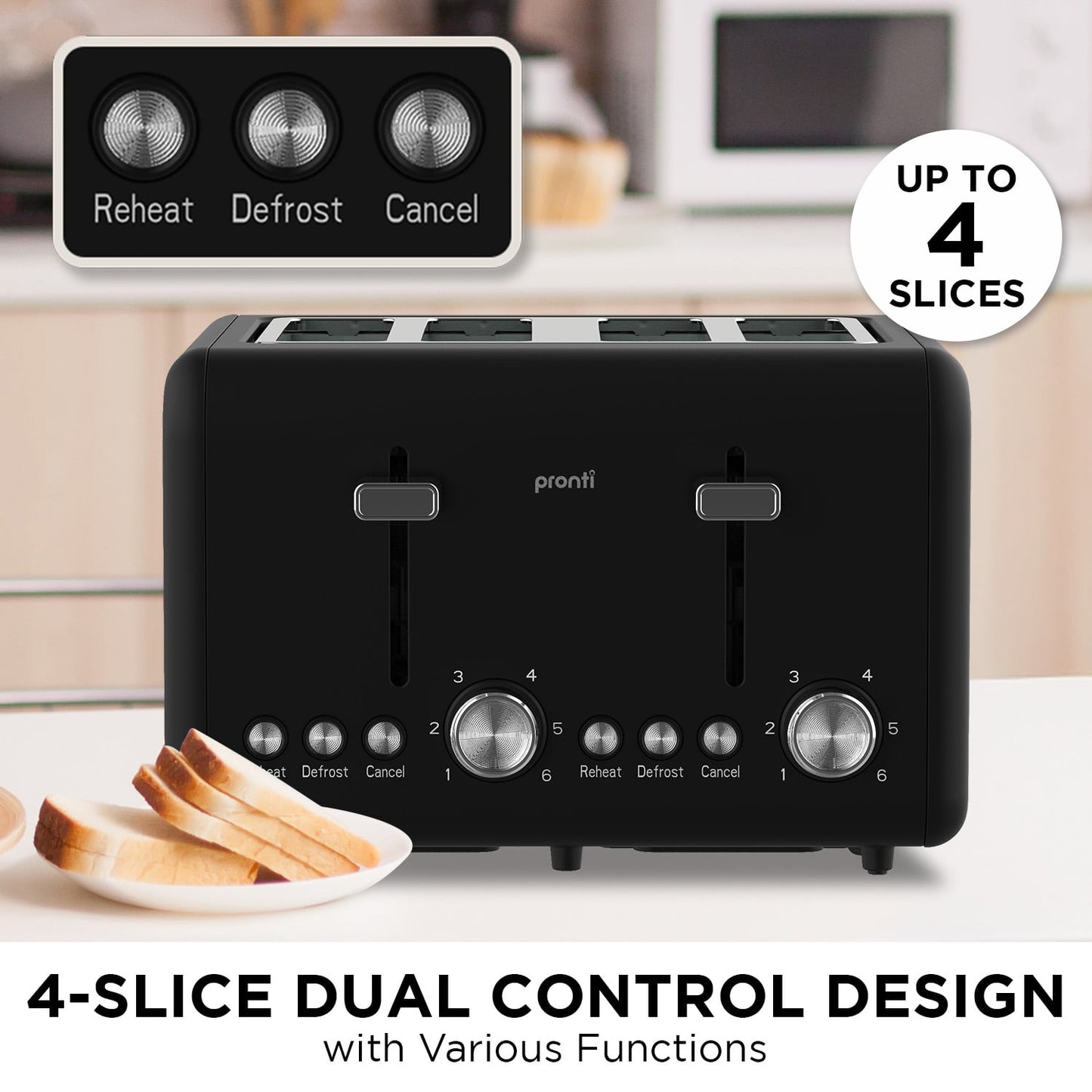 Pronti Silver Noir Collection 4 Slice Toaster with Dual Controls - Image 5