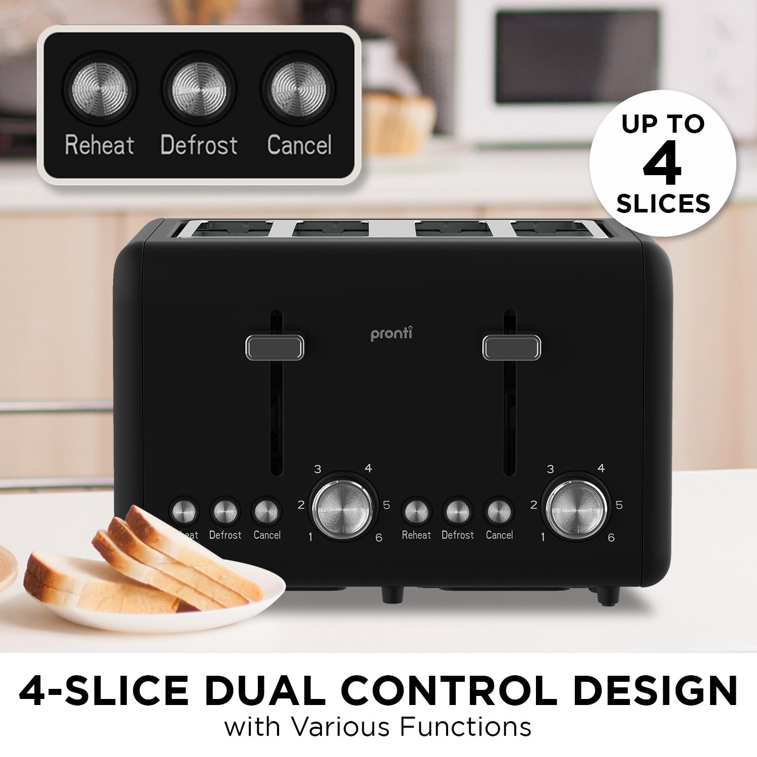 Pronti Silver Noir Collection 4 Slice Toaster with Dual Controls - Image 5