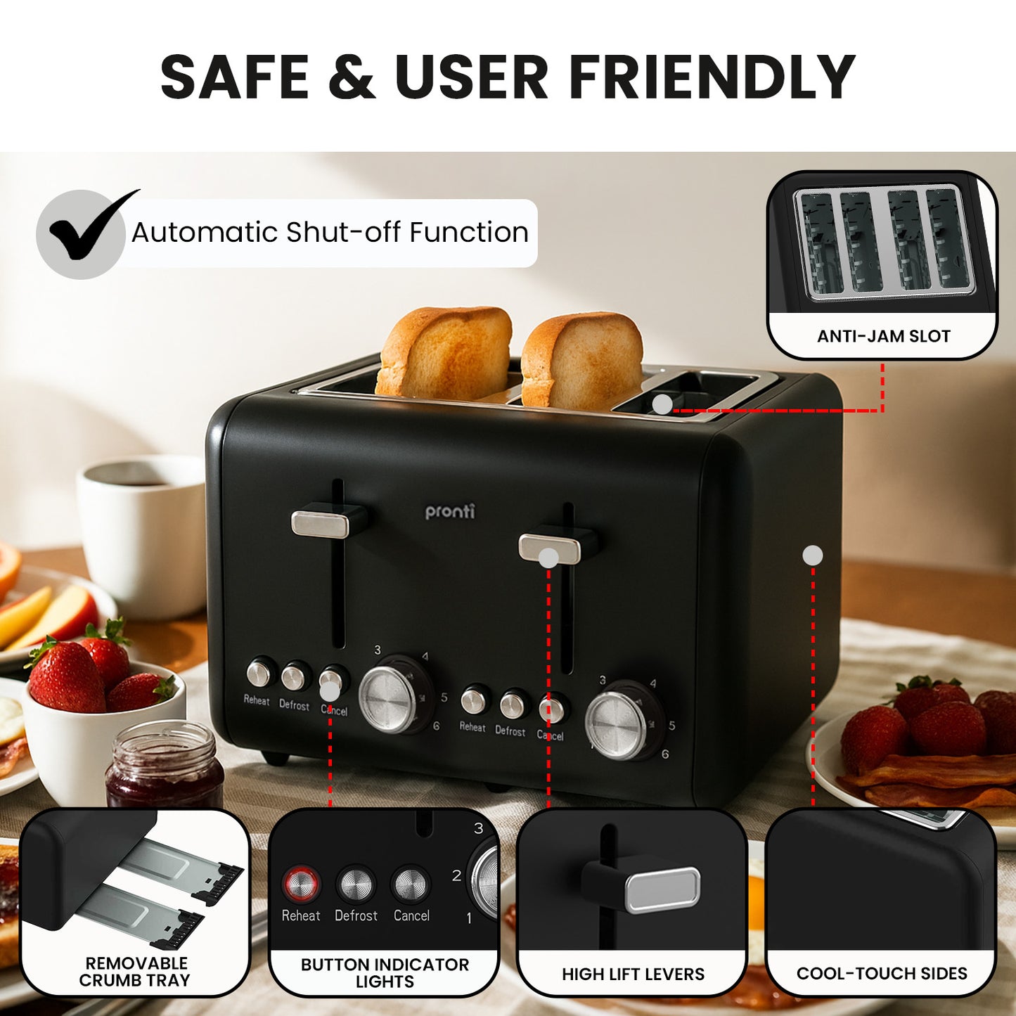 Pronti Silver Noir Collection 4 Slice Toaster with Dual Controls - Image 7