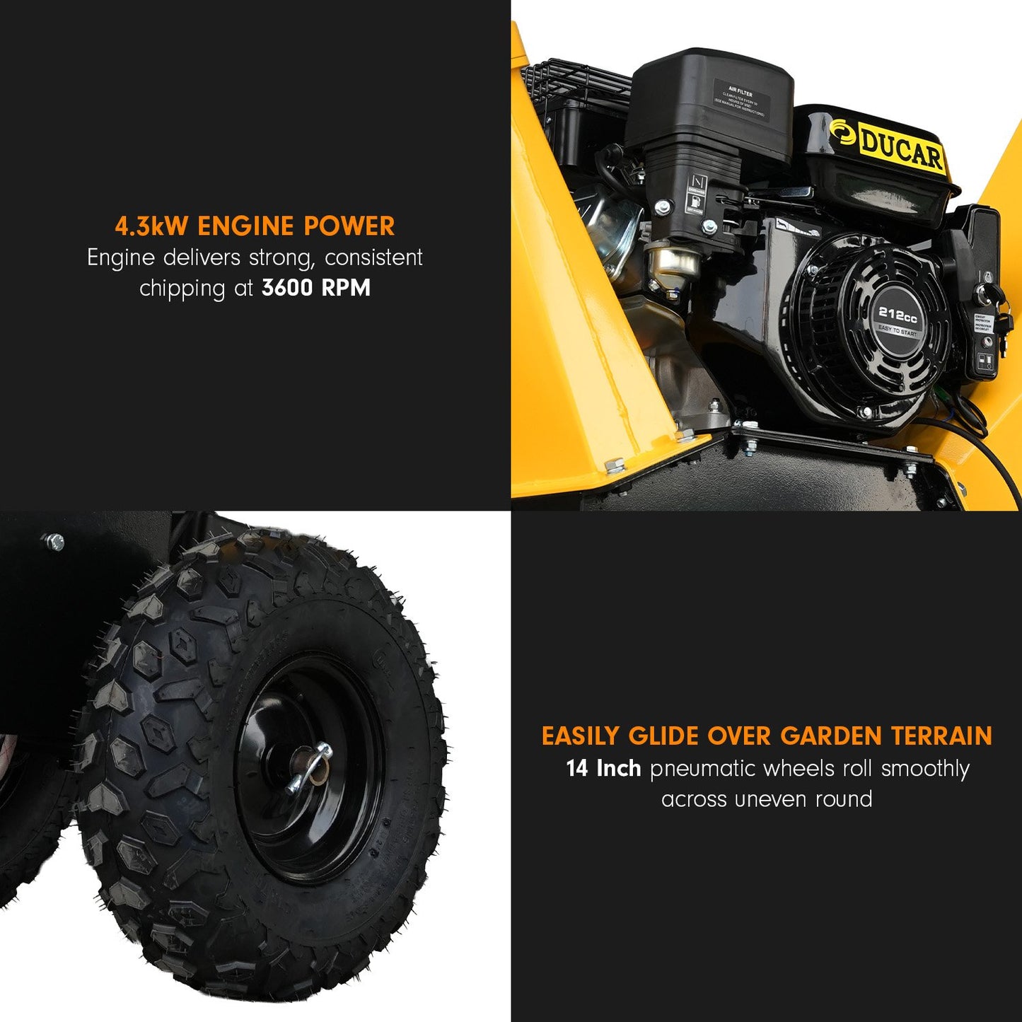 Ducar 70p 3600 Rpm Yellow Black Wood Chipper Shredder Mulcher Grinder Recoil & Electrical Starting System 100mm Capacity Ohv 4-stroke Engine 212cc Unleaded Petrol - Image 6