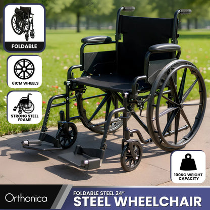Orthonica 24 Inch Foldable Wheelchair Heavy Duty Steel Frame Manual Mobility & Disability Aid with Brakes Black - Image 2