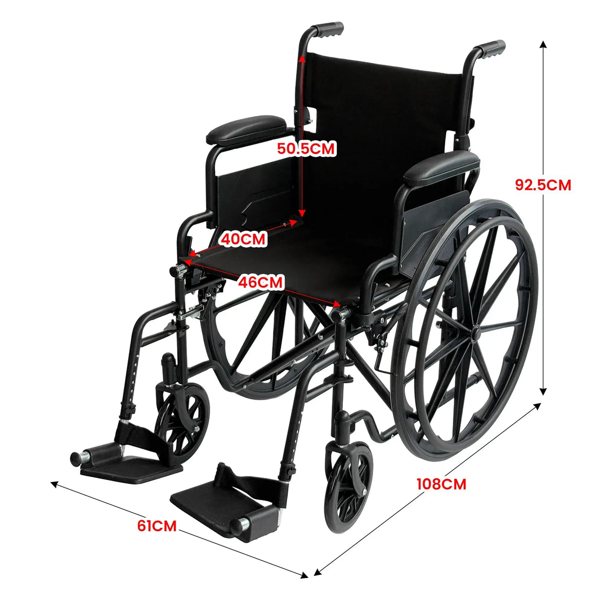 Orthonica 24 Inch Foldable Wheelchair Heavy Duty Steel Frame Manual Mobility & Disability Aid with Brakes Black - Image 4