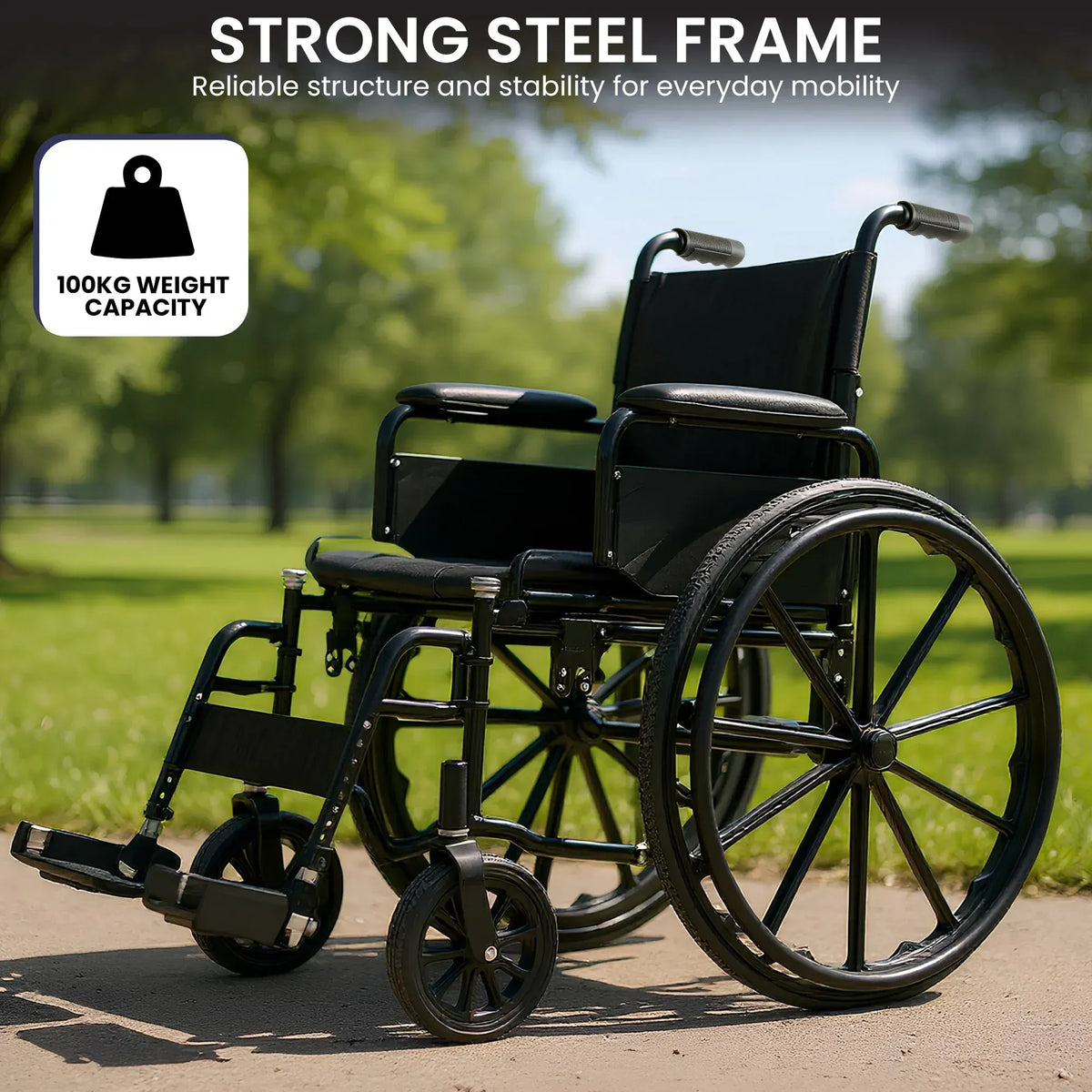 Orthonica 24 Inch Foldable Wheelchair Heavy Duty Steel Frame Manual Mobility & Disability Aid with Brakes Black - Image 6