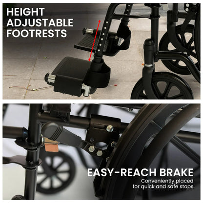 Orthonica 24 Inch Foldable Wheelchair Heavy Duty Steel Frame Manual Mobility & Disability Aid with Brakes Black - Image 8