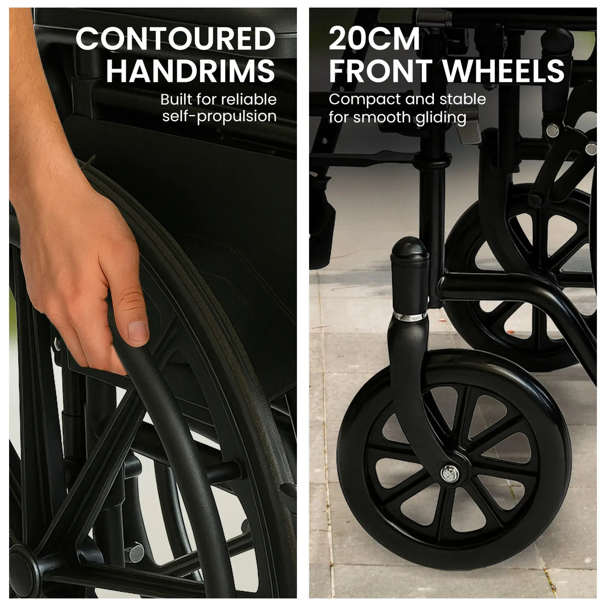 Orthonica 24 Inch Foldable Wheelchair Heavy Duty Steel Frame Manual Mobility & Disability Aid with Brakes Black - Image 9
