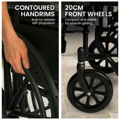 Orthonica 24 Inch Foldable Wheelchair Heavy Duty Steel Frame Manual Mobility & Disability Aid with Brakes Black - Image 9