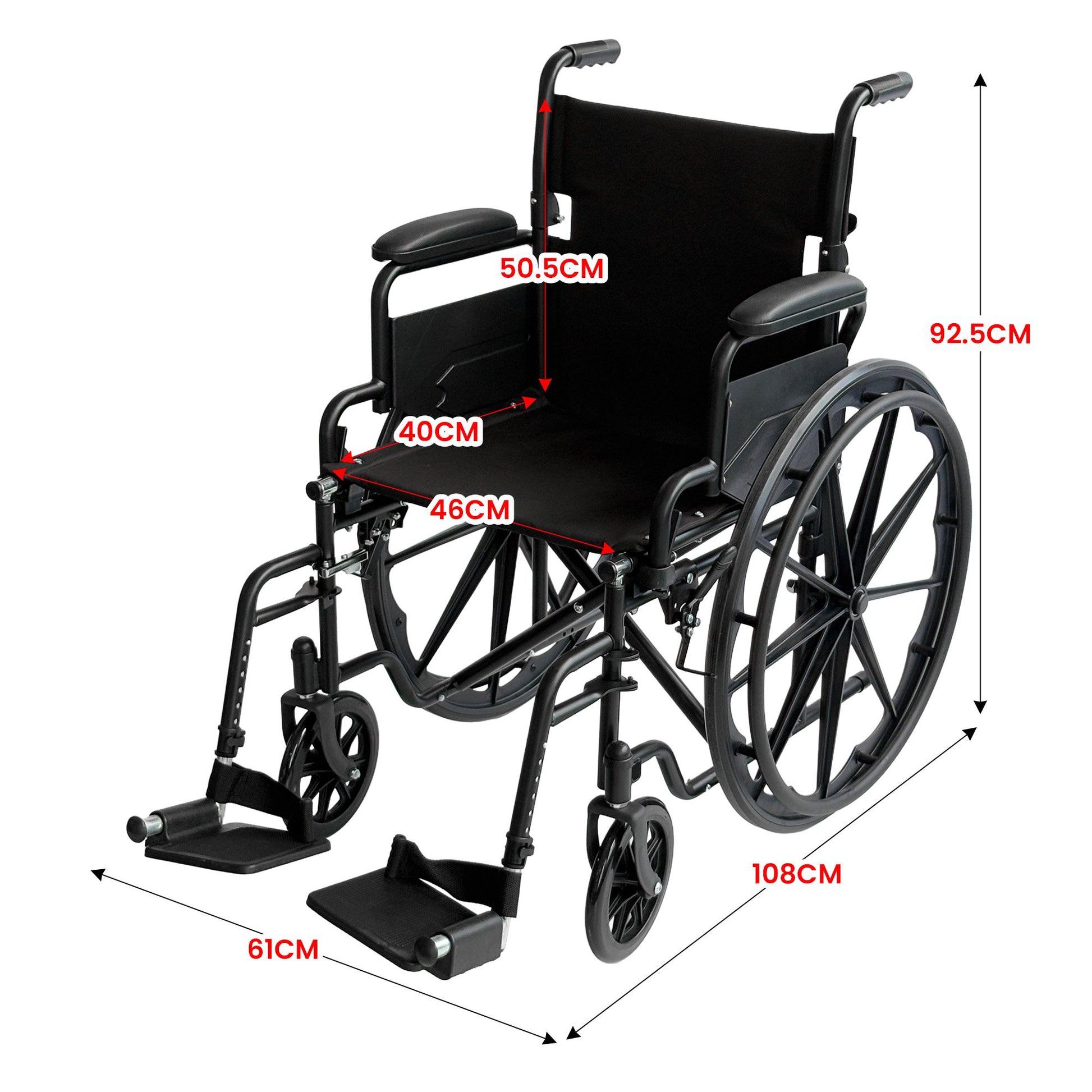 Orthonica New Steel Wheelchair In Black Foldable Lightweight Disability Aid Portable Heavy-duty 24-inch Adjustable Footrest Steel Frame - Image 3