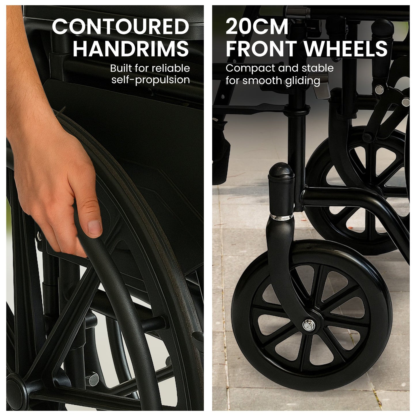 Orthonica New Steel Wheelchair In Black Foldable Lightweight Disability Aid Portable Heavy-duty 24-inch Adjustable Footrest Steel Frame - Image 8