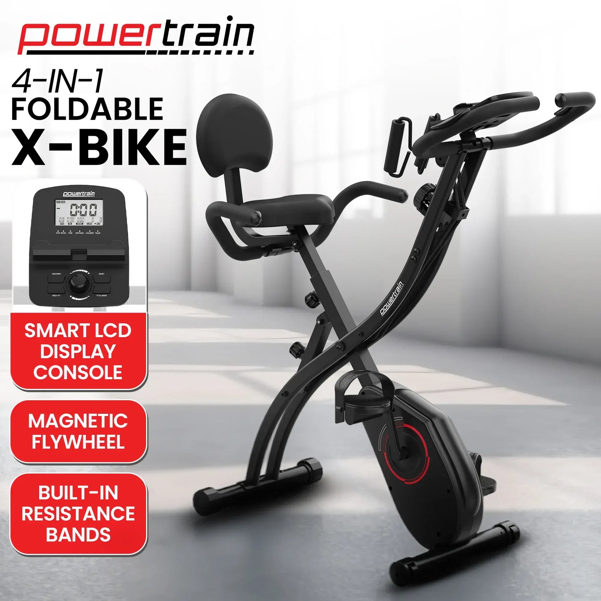 Powertrain 135E 4-in-1 Foldable X-Bike with LCD Display and Resistance Bands - Image 3